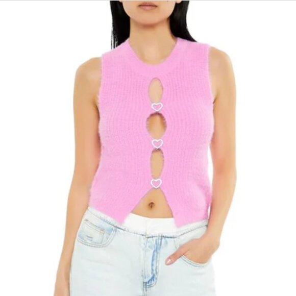 Forever 21 - 2PC Bundle Fuzzy Knit Keyhole Black Pink Sweater Vest Top - Picture 4 of 10